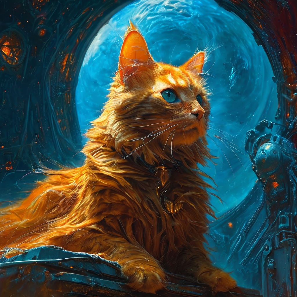 big red maine coon cat in a fantasy city