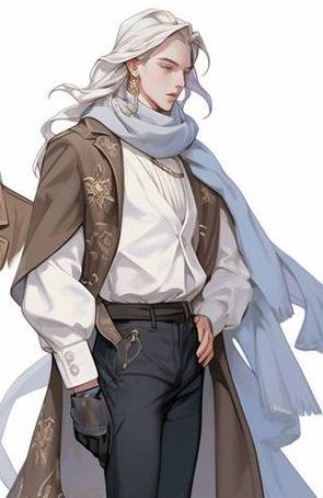 Elegant half-elf character, (medieval fantasy) attire, (soft features), white hair long, yellow eyes, detailed grey scarf, white shirt, brow...