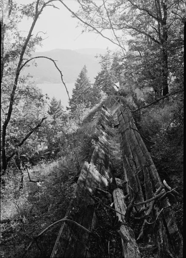 Hyper realistic Broughton Co Lumber Flume Remains above Hwy 14 in color