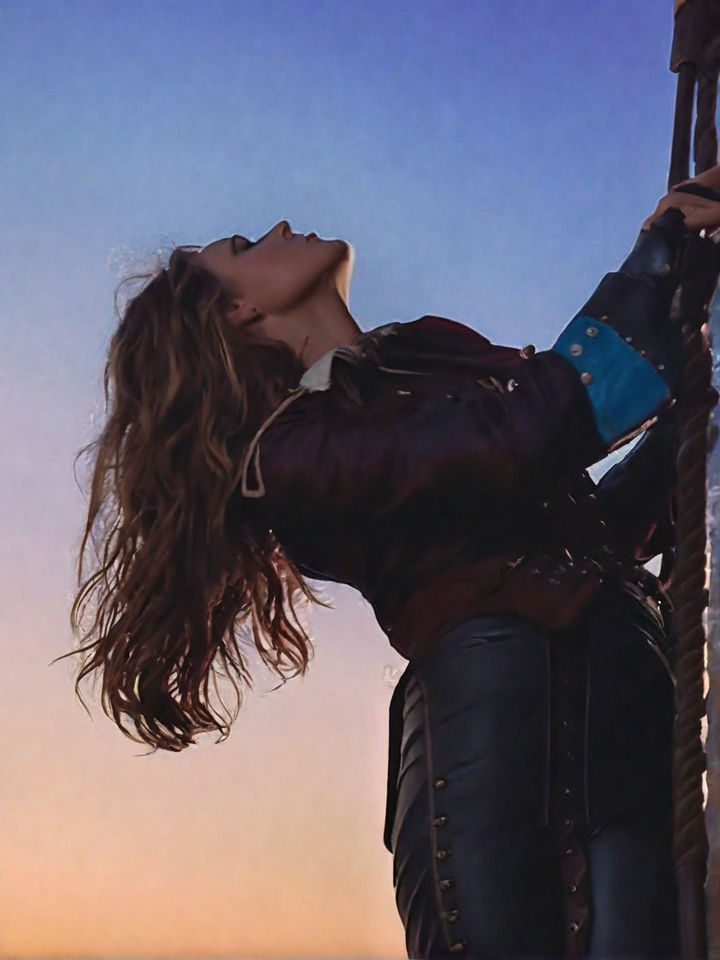 Keira Knightley ultrarealistic face, superdetailled as a Pirate in maroon and black tight-leather corset, brown tight-leather biker pants,...