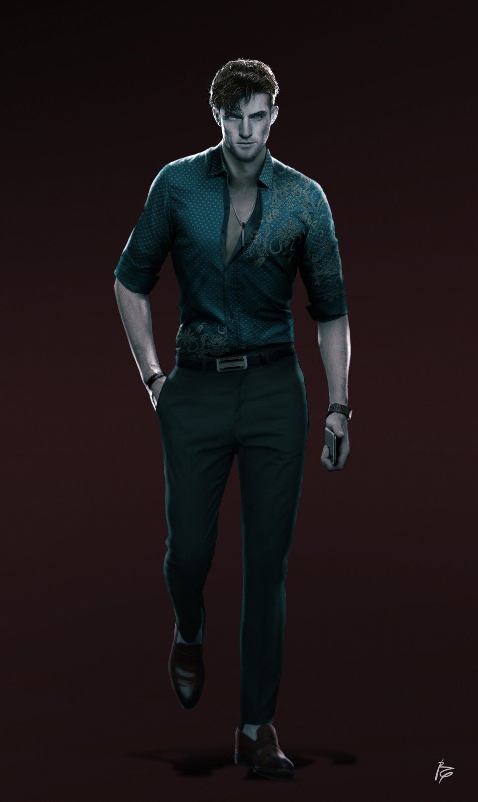 Colin O'Donoghue ultrarealistic face, super detailed as George Abrams, a Brujah Vampire in black leather trench coat, gray shirt and dark-na...