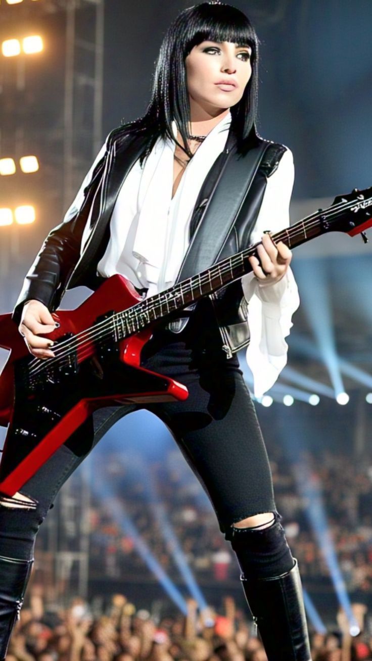  Keira Knightley ultrarealistic face super detailed as a Rockstar pop singer playing the electric guitar on the mic on stage, long black hai...