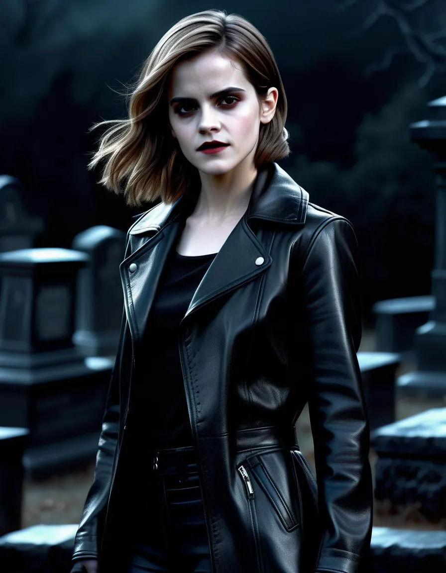 Elizabeth Olsen ultrarealistic face, superdetailled, as a Toreador Vampire in full leather outfit, long black genuine leather coat hyper Rea...