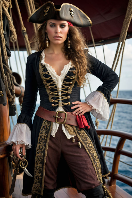 Keira Knightley ultrarealistic face, superdetailled as a Pirate in maroon and black tight-leather corset, brown tight-leather biker pants, D...