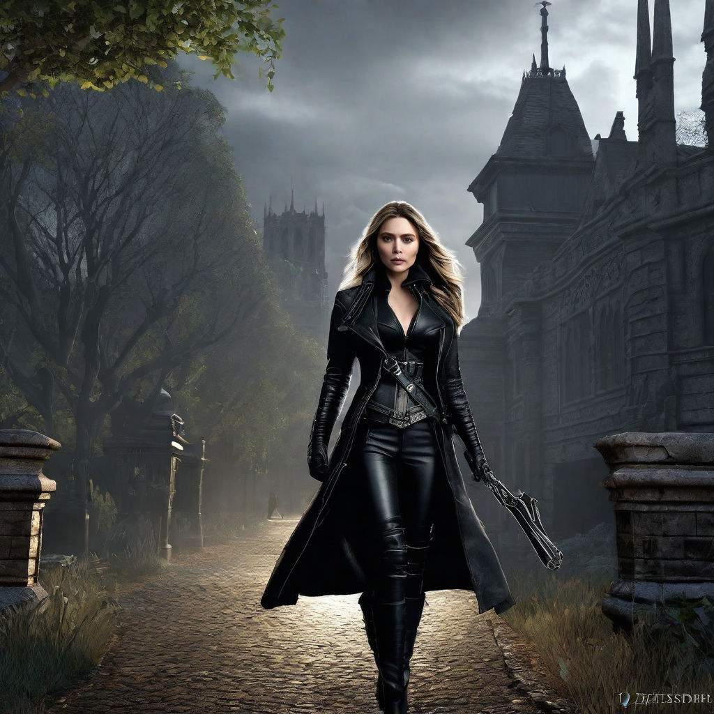Elizabeth Olsen ultrarealistic face, superdetailled as a Hunter from Bloodborne in black tight-leather corset, black long tight-leather coat...