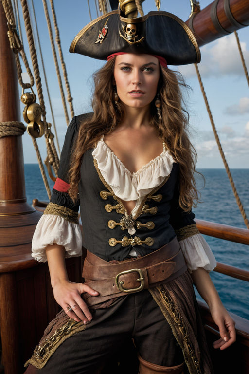 Keira Knightley ultrarealistic face, superdetailled as a Pirate in maroon and black tight-leather corset, brown tight-leather biker pants, D...
