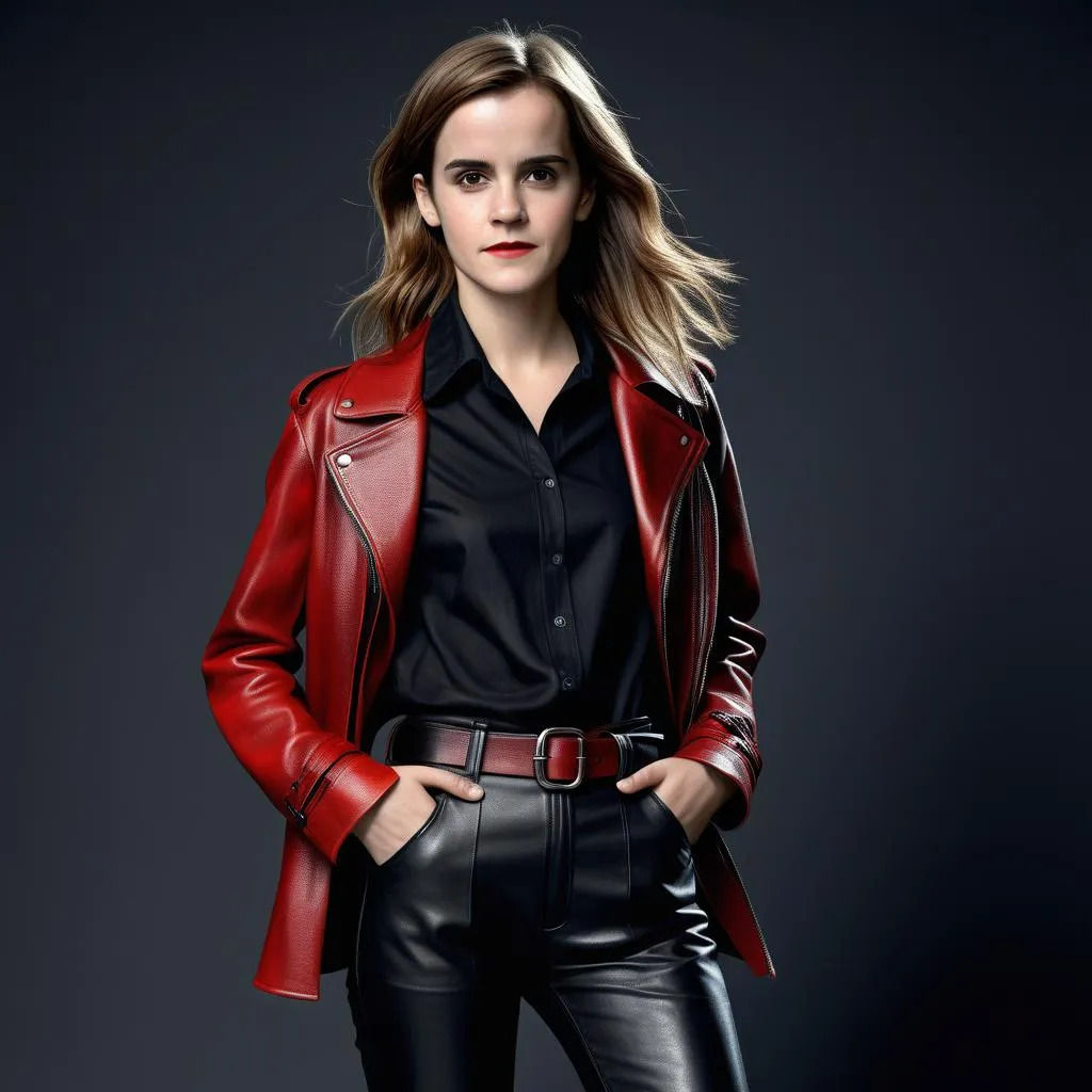 Elizabeth Olsen ultrarealistic face, super detailed ultrarealistic, Dark hair, ultrarealistic superdetailled white shirt and blue leather bi...