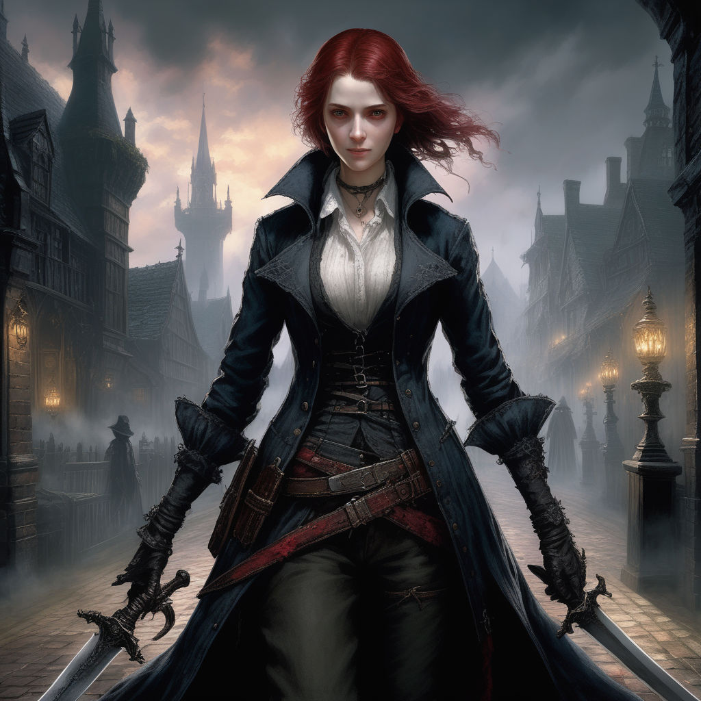 Michelle Forbes ultrarealistic face, superdetailled as a Hunter from Bloodborne in black tight-leather corset, black long tight-leather coa...