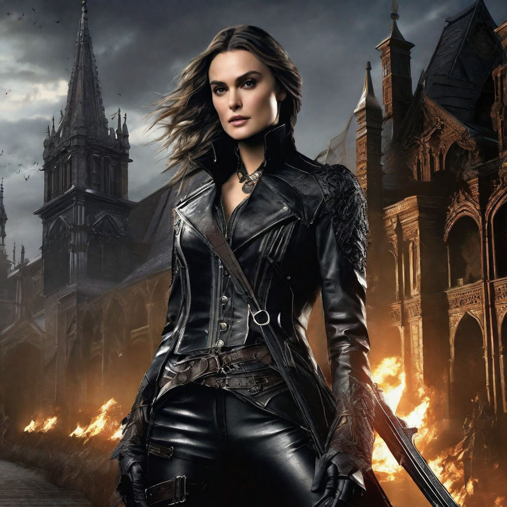 Keira Knightley ultrarealistic face, superdetailled as a Hunter from Bloodborne in black tight-leather corset, black long tight-leather coat...