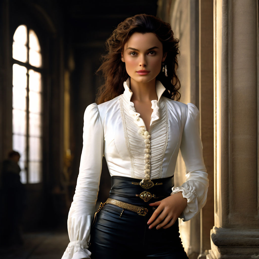 Keira Knightley ultrarealistic face, superdetailled as a Pirate in maroon and black tight-leather corset, brown tight-leather biker pants, D...