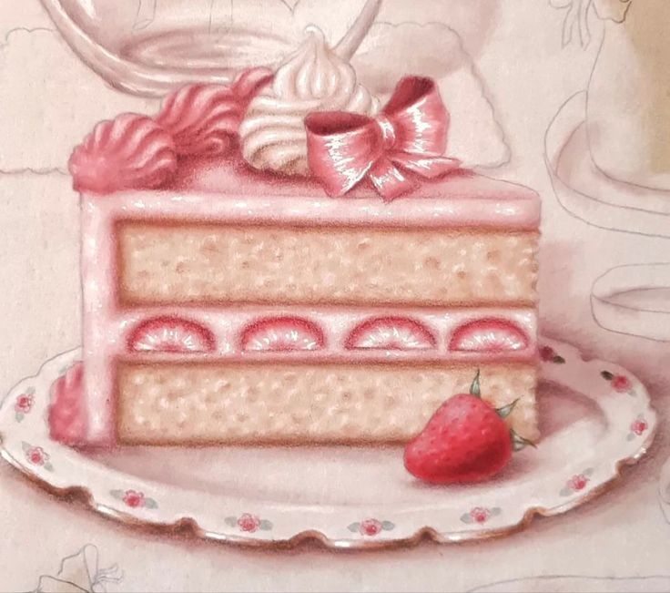 delicate pink pastel cream strawberry vintage cake with bows on a cute elegant service plate