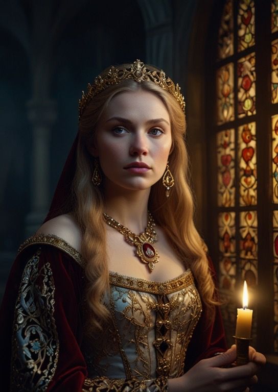 realistic portrait of <lora:My face 2:1.0>  a queen and a black cat. Gold and emerald crown. Medieval background 