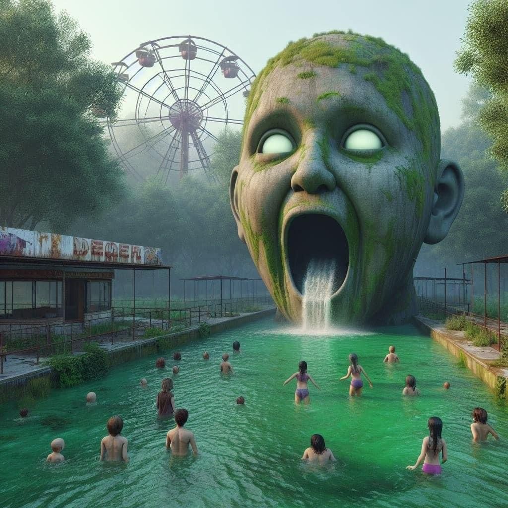 An abandoned waterpark with a gigantic head and mouth wide open with water, coming out children playing in the dirty, nasty rotten water wit...