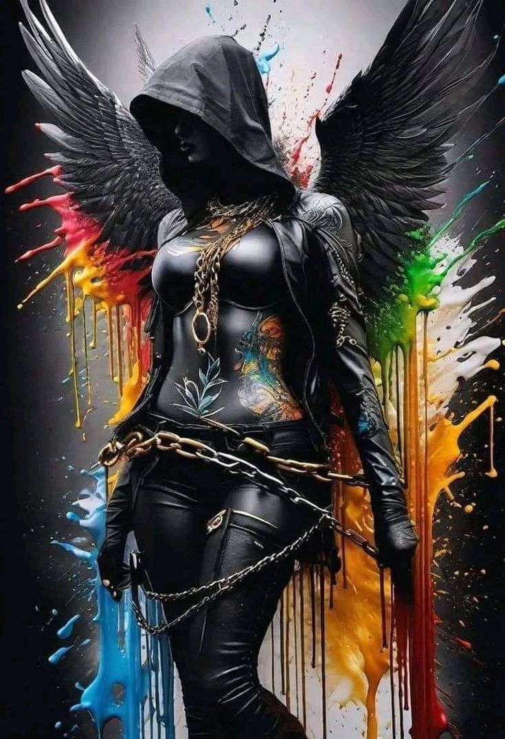 An angel, dressed in leather clothes, wearing a hoodie. Black tank top. Ebony skin.