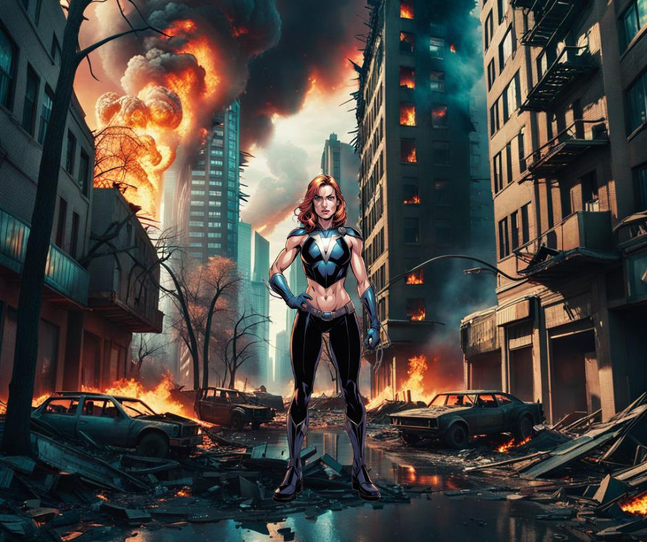 Female superhero. Blue and black tight pants. Black and blue tank top. Six-pack abs. Mark Brooks and Dan Mumford, comic book art, perfect, s...