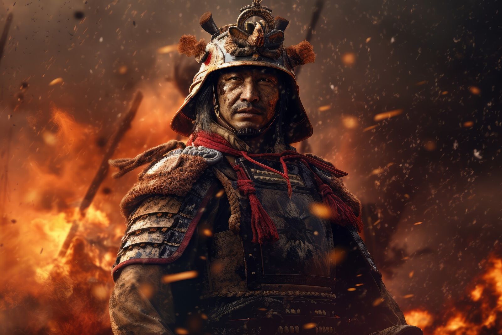 Regal samurai looks over the burning battlefield and surveys the carnage.
