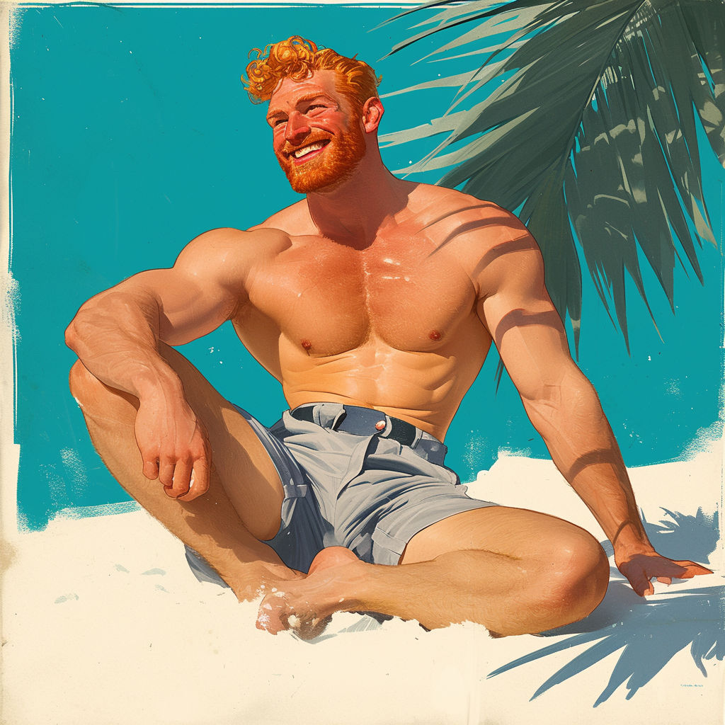 <lora:RetroRockabilly:1.0> A full body pin-up WW2 poster in the vintage photographic style of Bob Mizer, featuring a hunky, shirtless redhea...