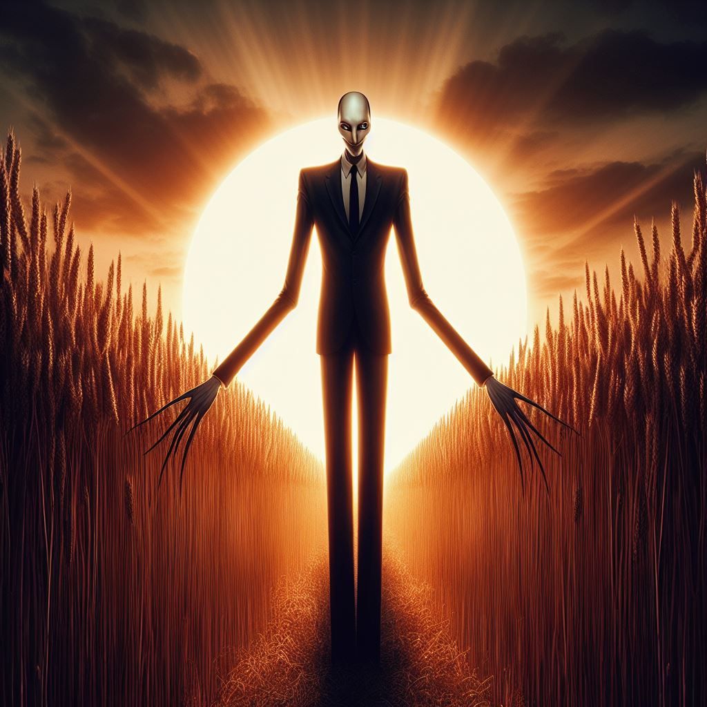 Slenderman walking through a wheat field intricate details, HDR, beautifully shot, hyperrealistic, sharp focus, 64 megapixels, perfect compo...