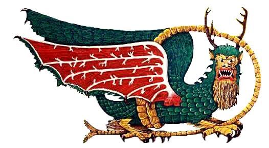 Piasa Bird: Mythological beast covered in green feathers, giant red reptile wings, elk antlers.