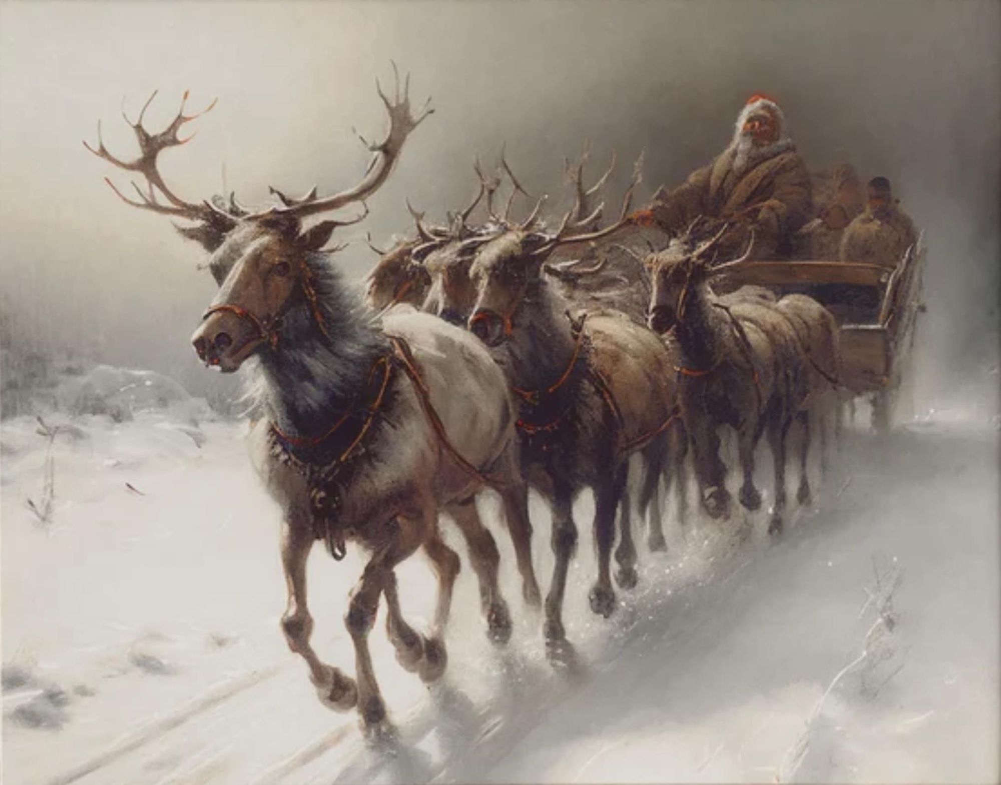 Old fashioned Santa Claus driving a sleigh being pulled by 8 reindeer.