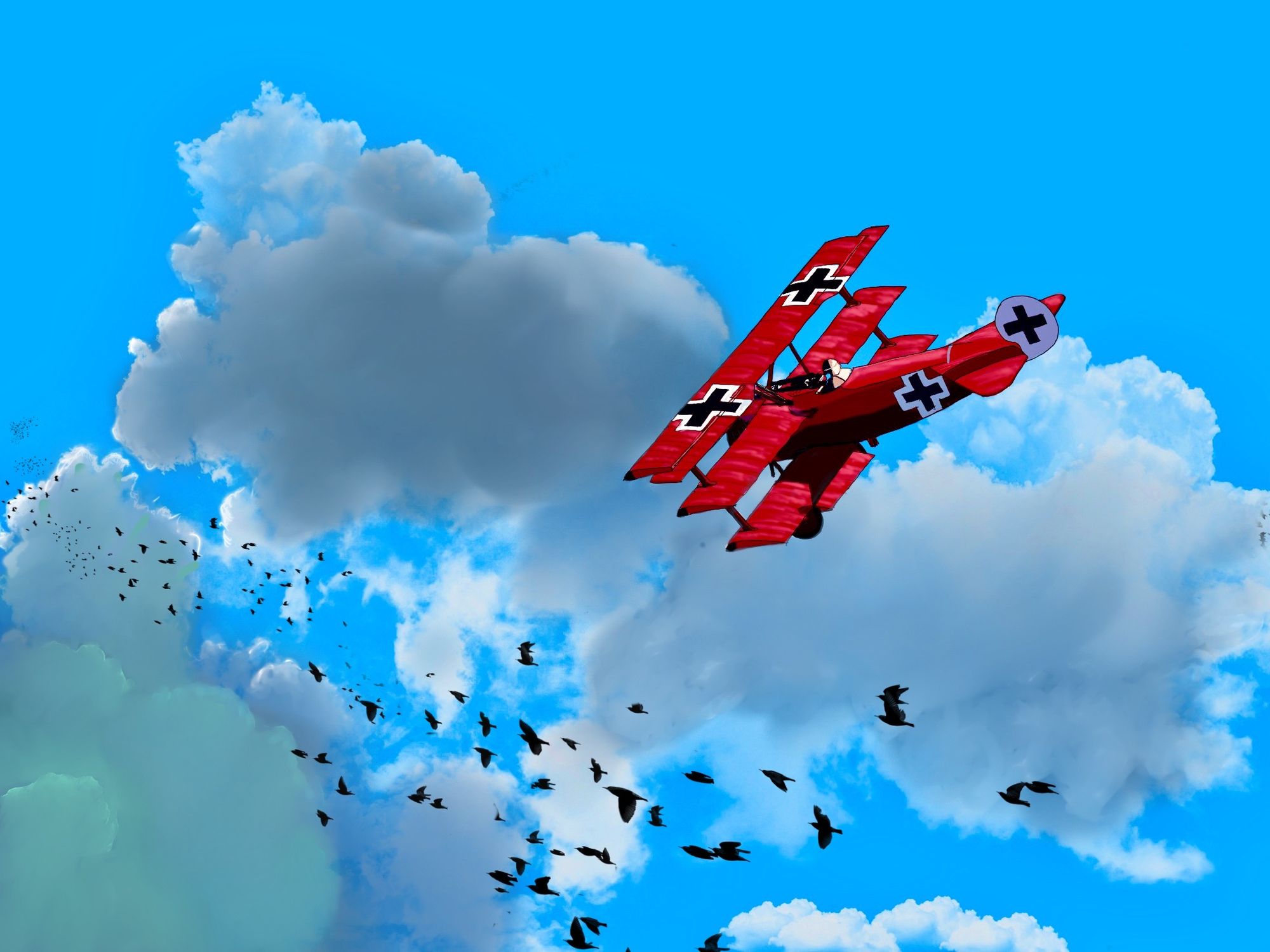 A WWI Fokker Dr. 1 Triplane flying through the clouds.