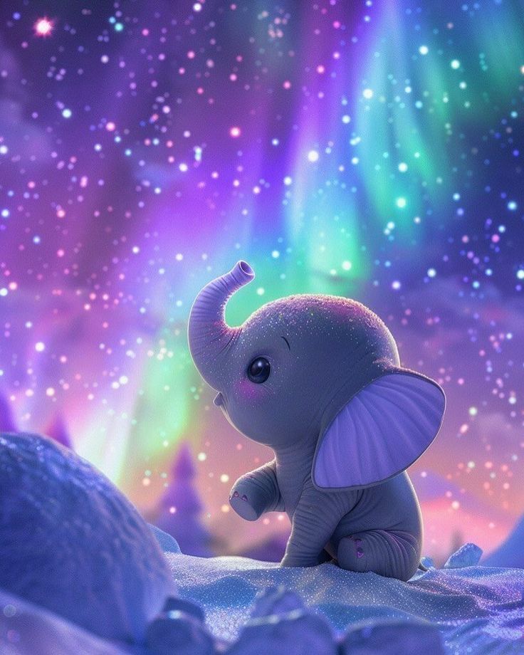 Baby elephant is amused by the night sky and snow starts falling