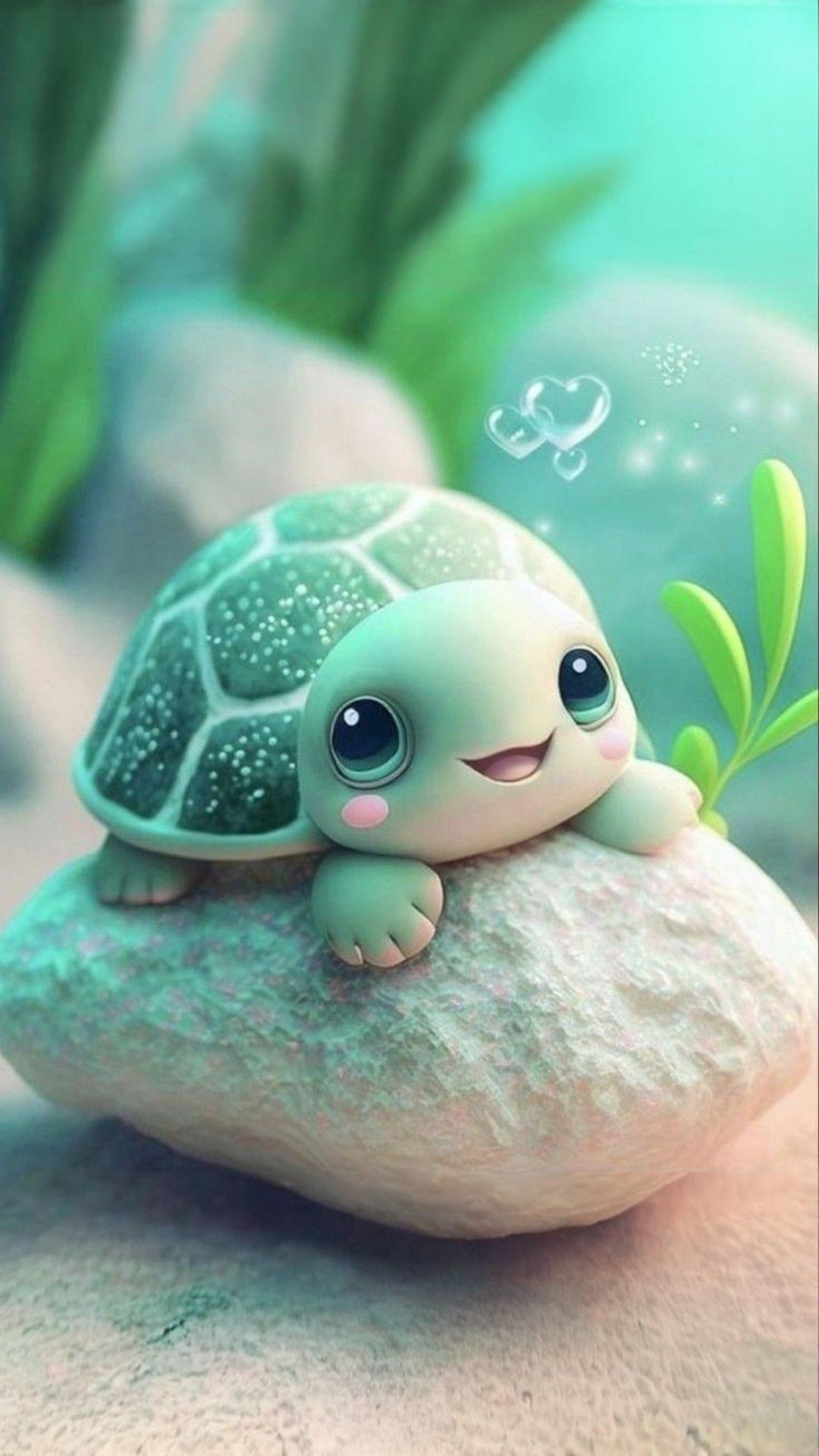 Baby turtle starts swimming underwater. Lots of bubbles start to lift up around him