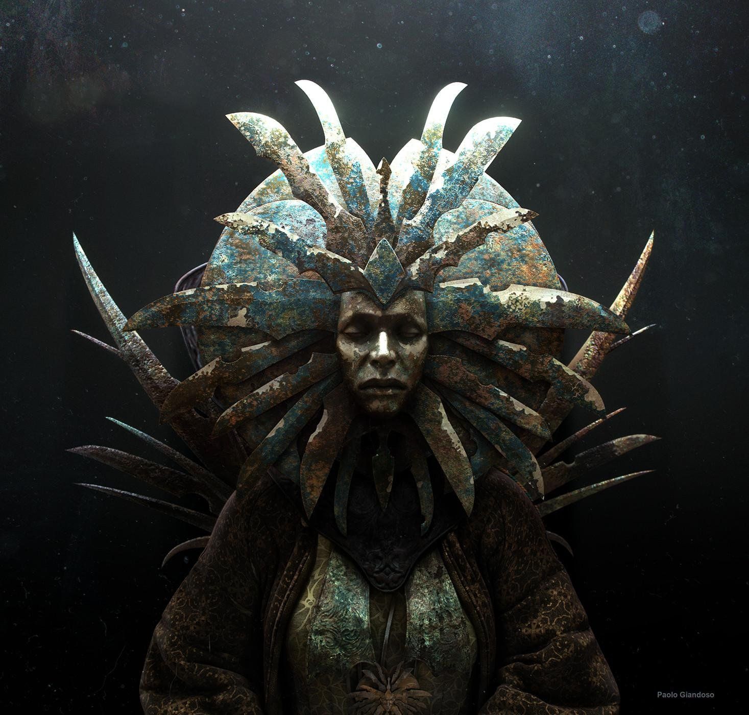 Hyperrealistic view of Lady of Pain from Planescape D&D 
watching over the city of Sigil
