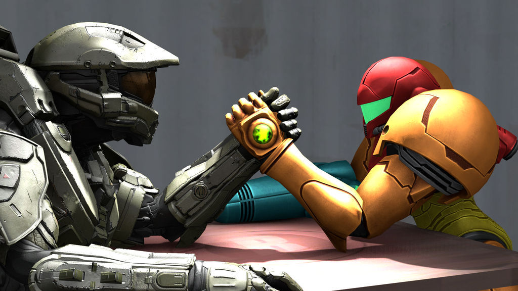 2B from Nier arm wrestling Samus Aran in a futuristic science fiction bar, Cinematic film still, shot on v-raptor XL, film grain, vignette,...