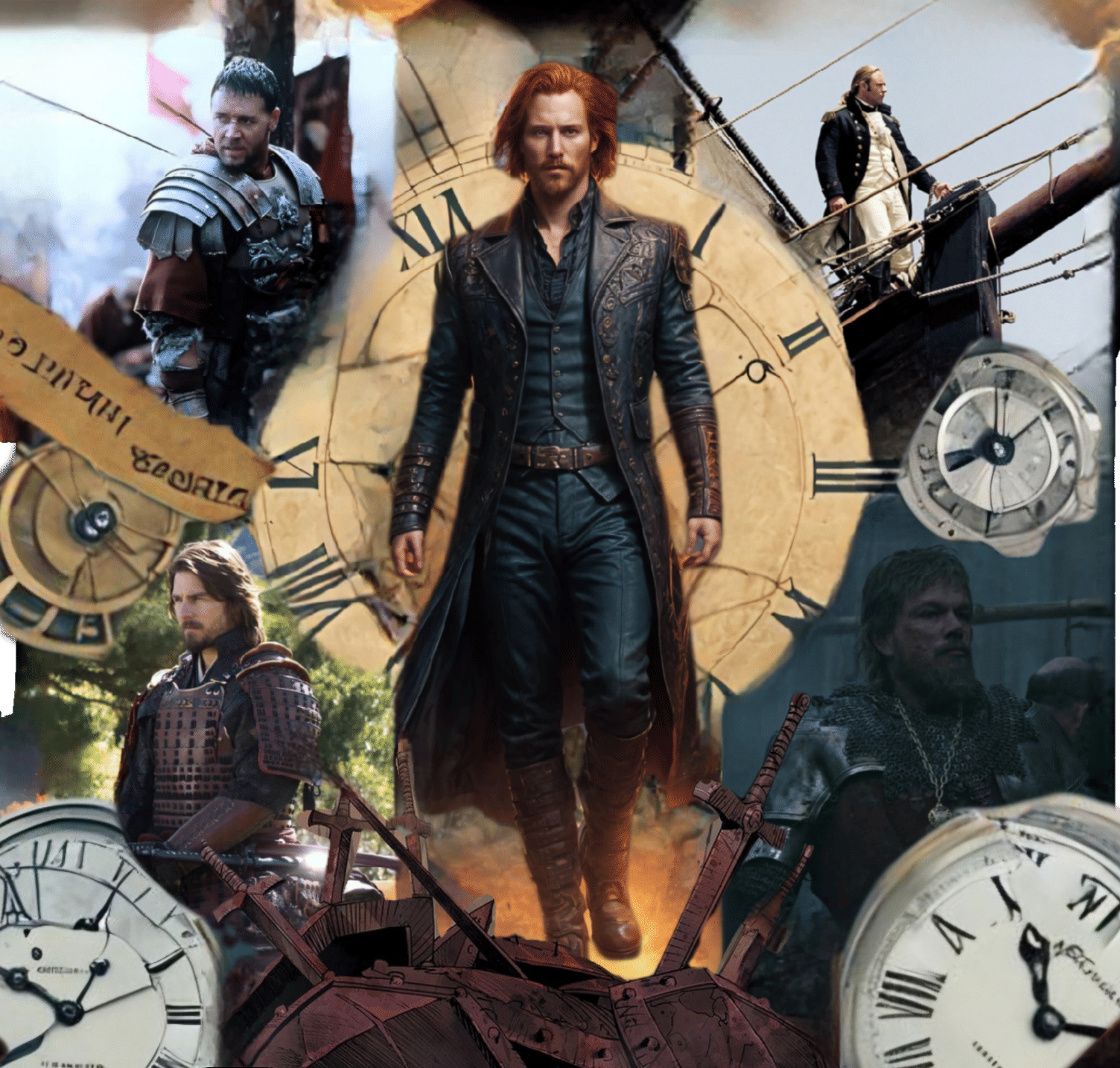 keanu reeves with red hair and red beard, time traveler, watch dial in the background, keanu reeves from different historical eras, from anc...