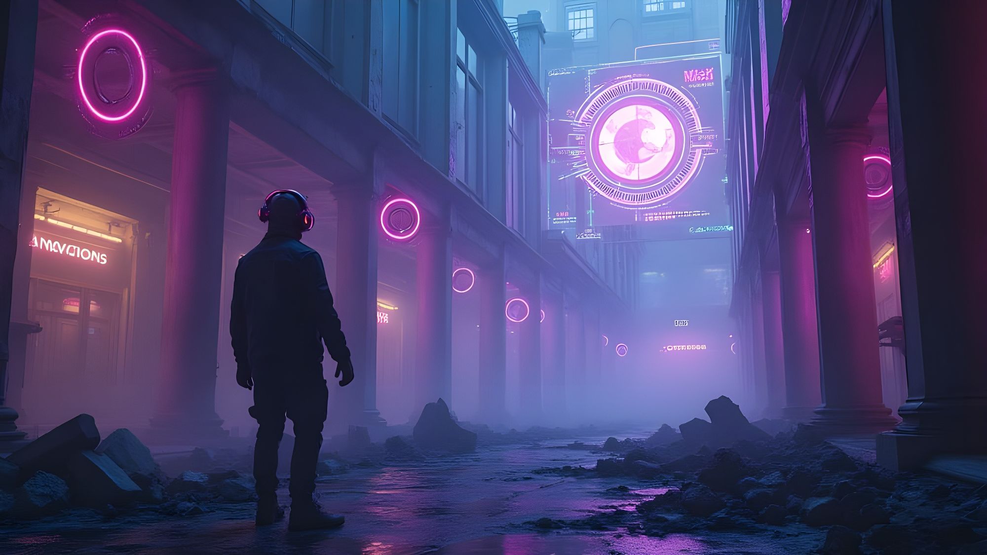 futuristic abandoned city scene blending psychedelic and sci-fi aesthetics, featuring a lone figure in dim neon-lit ruins with purple and bl...