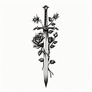 a surrealistic tattoo design featuring a sword entwined with a rose, using only black and red ink. a only white background. It needs to be o...
