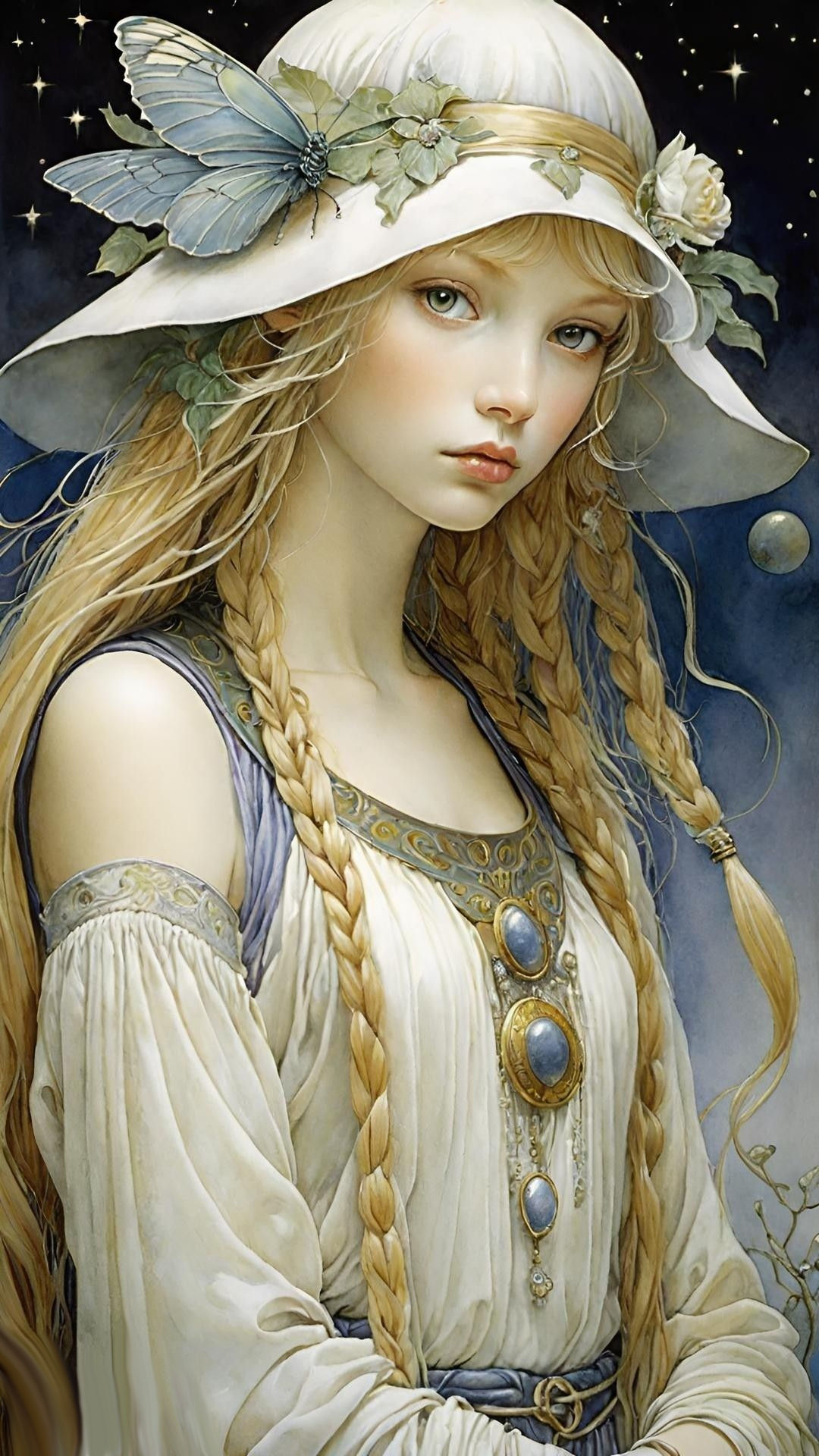 highly detailed celestial milkmaid; watercolor illustration of beautiful pale blonde braids,  milkmaid and dreamy cow against a starry moonl...