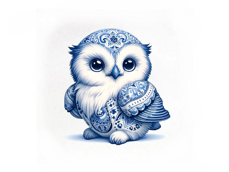 watercolor illustration, highly detailed, delicate, chibi owl in chinoiserie delft blue white, plain white background, 