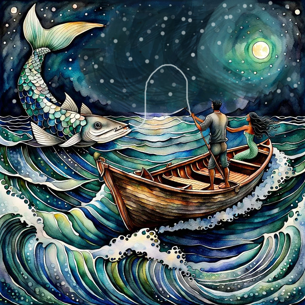 Watercolor Illustration in the style of David Wiesner and Jasmine Beckett Griffith; ocean,  beautiful mermaid  swimming up to boat and  reac...