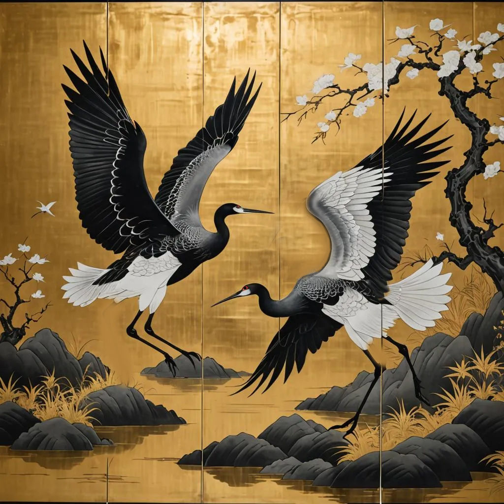 "Japanese black lacquer three panel screen with flying cranes in shades of gold and white in the style of Ohara Koson, Koitsu"