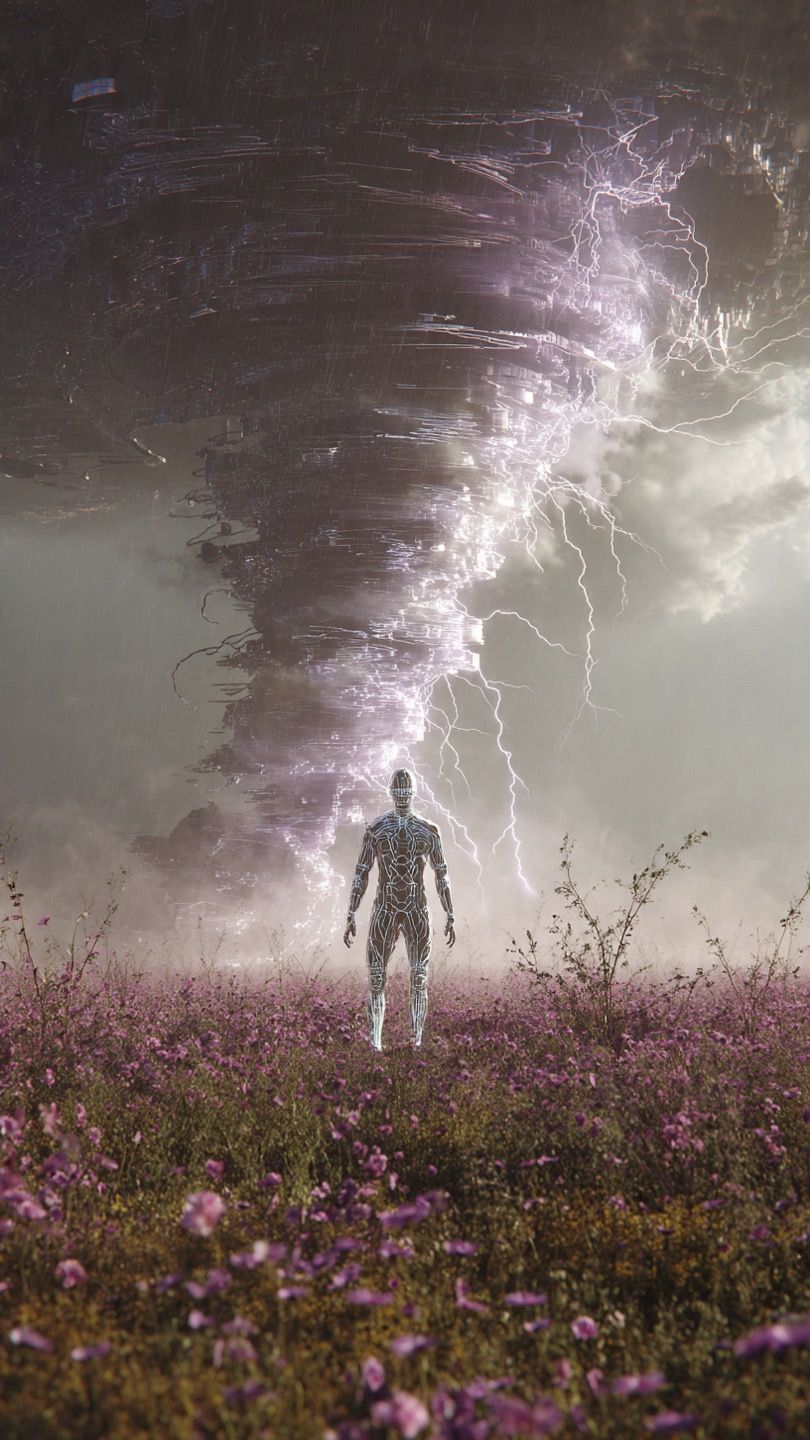 Create a cinematic motion sequence with synchronized sound design where a translucent humanoid stands motionless at the ...