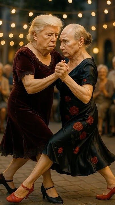 Two elder dancers in vintage dresses move in a slow tango by the sea. Waves pulse gently in rhythm with their steps, dre...