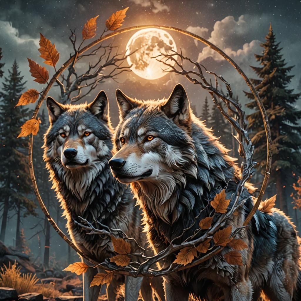 Washington state symbol on green for the background,  a Celtic knot circle with leaves and branches flowing through, with five wolves in the...