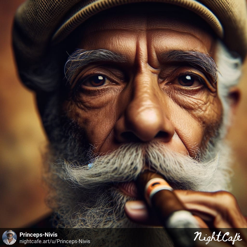 <lora:Murraypunk Flux:1.0> <lora:Shadow whimsy:1.0> <lora:hyperkraximalismus:1.0> <lora:Exquisite Flux:1.0> old mestizo cuban man smoking ci...
