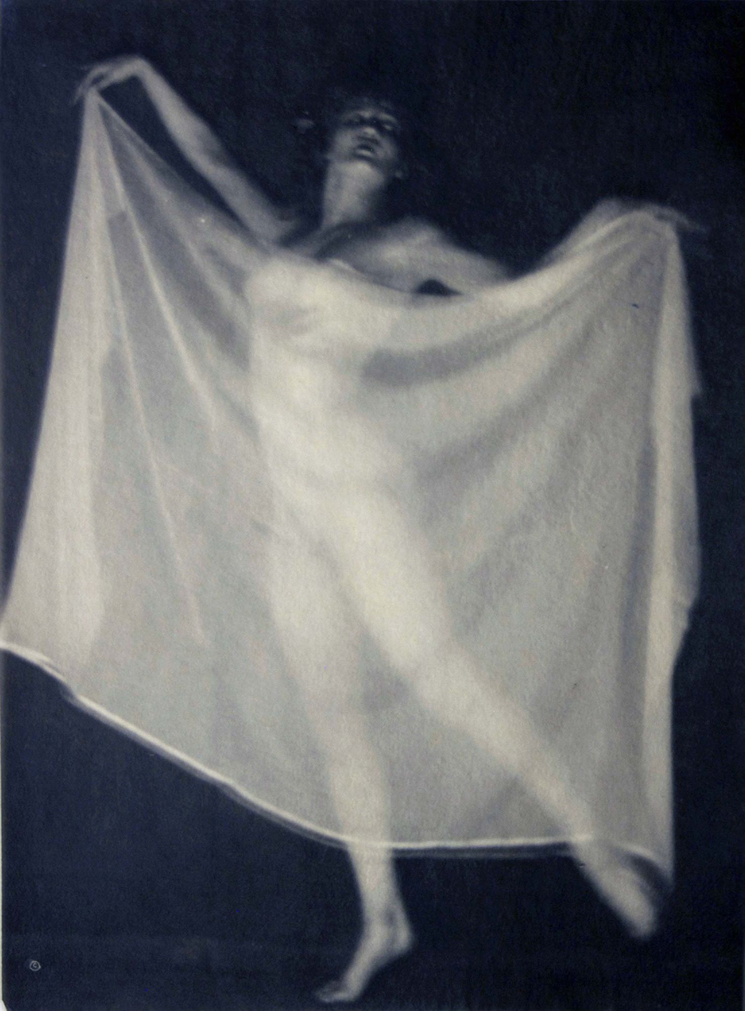 <lora:D3:1.3> artistic charcoal drawing of a woman in a sheer white robe behind a see-through sheet. full length mid-distance image.