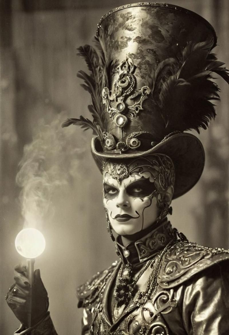 <lora:Andy2:1.0> gothic circus performer in full face make-up. 