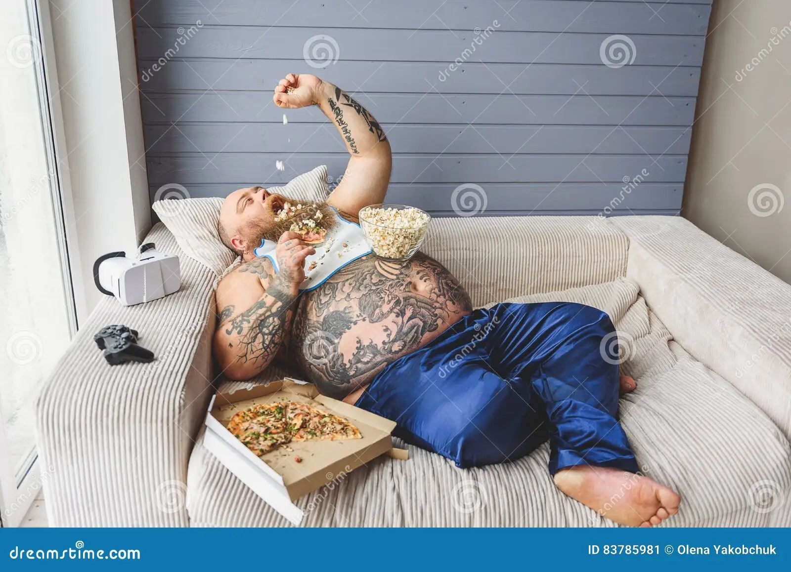 heavy fat man smoking eating drinking alcohol tele... - AI Art