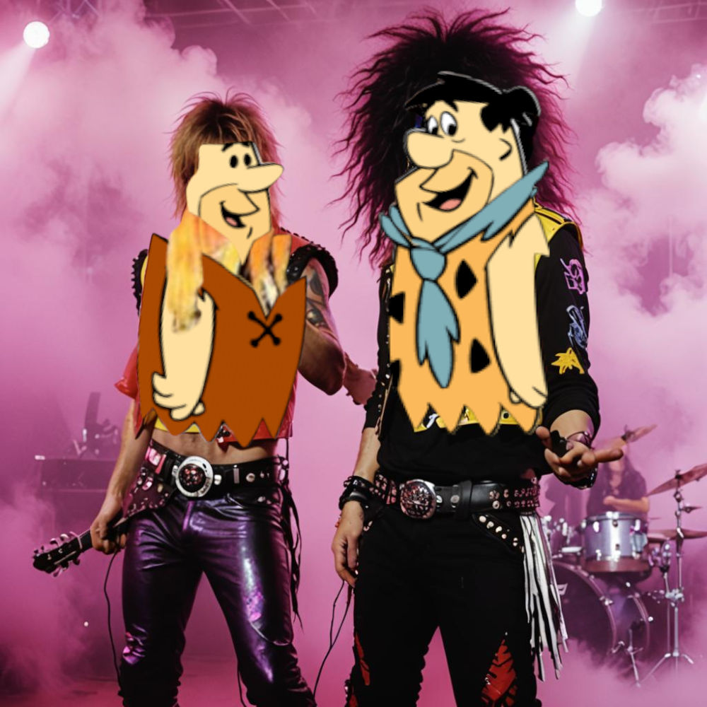 Barney rubble and Fred Flintstone as metal rock stars with long hair, snarling, playing guitars, on a pink foggy background