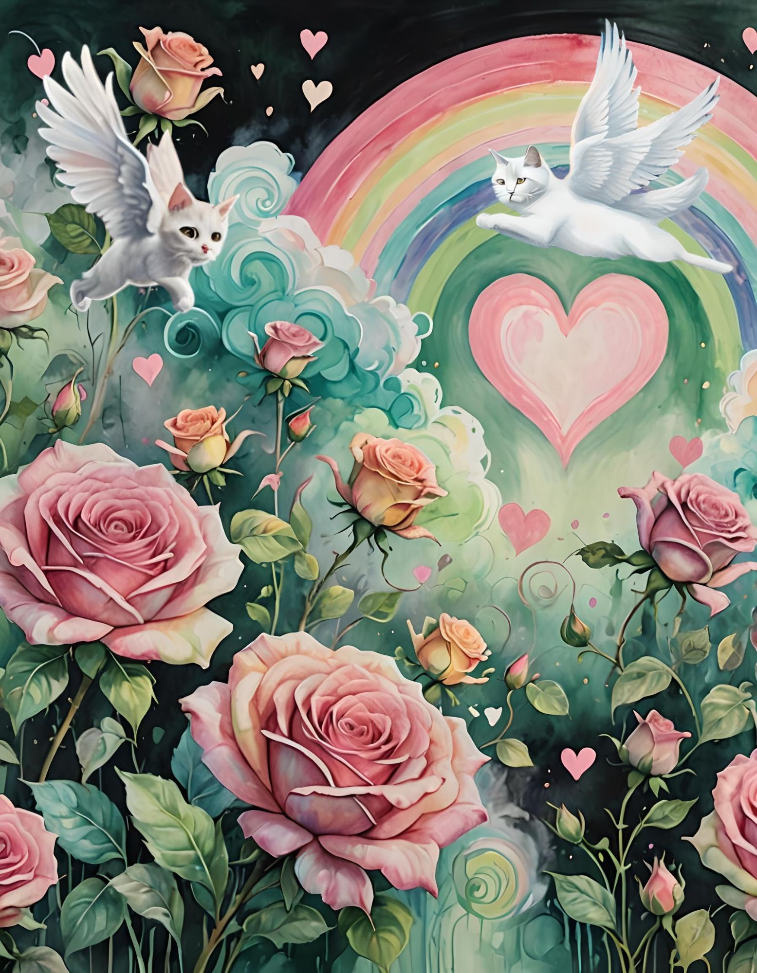 Extreme wide shot of miniature cat angels flying on a mystical sky of rainbows, hearts, lillies, AND ROSES in extremely light pastel shades...