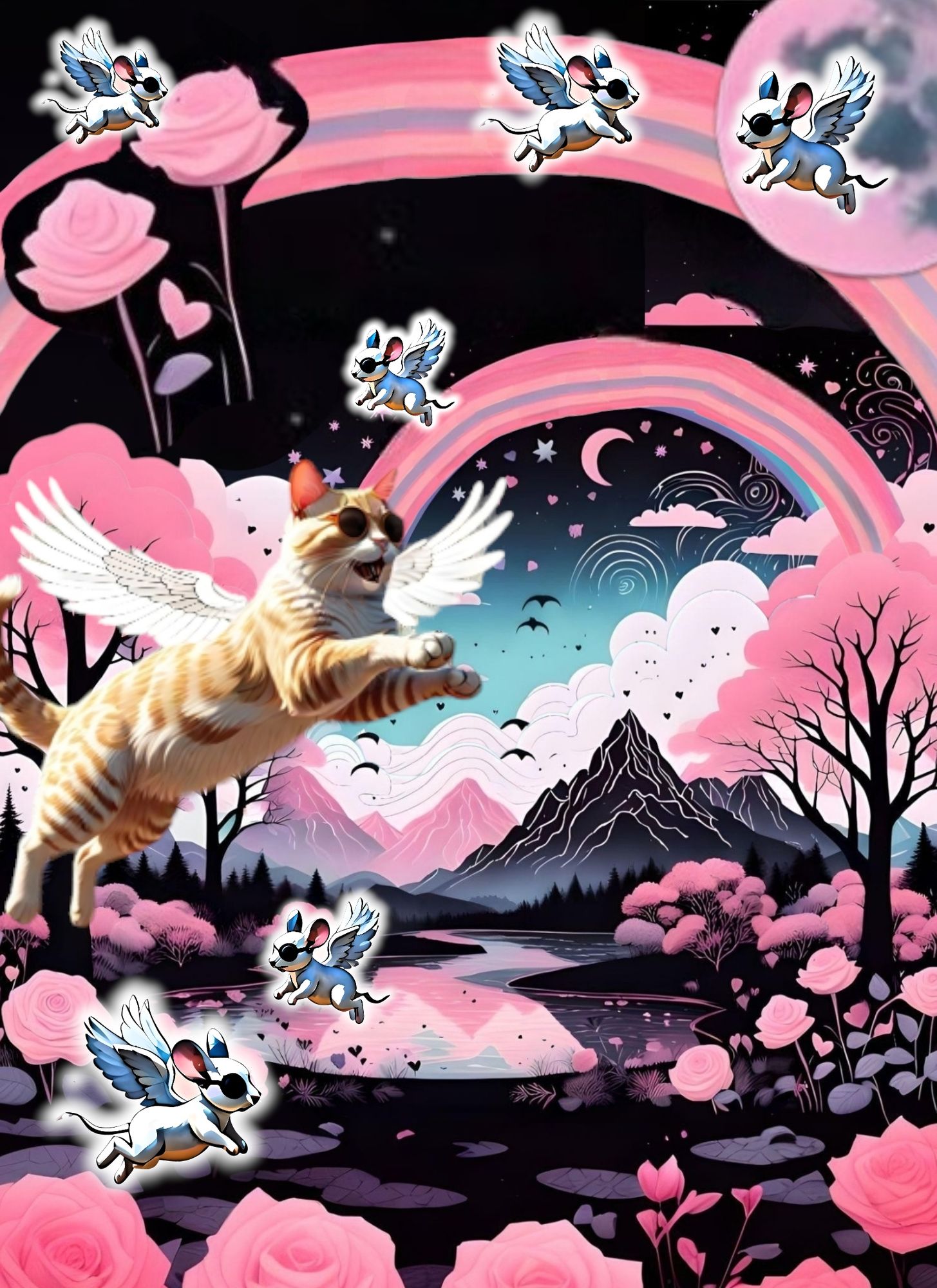 A light brown tabby cat wearing black sunglasses jumping in the air in a mystical garden with glowing alien roses. A big wide rainbow stretc...