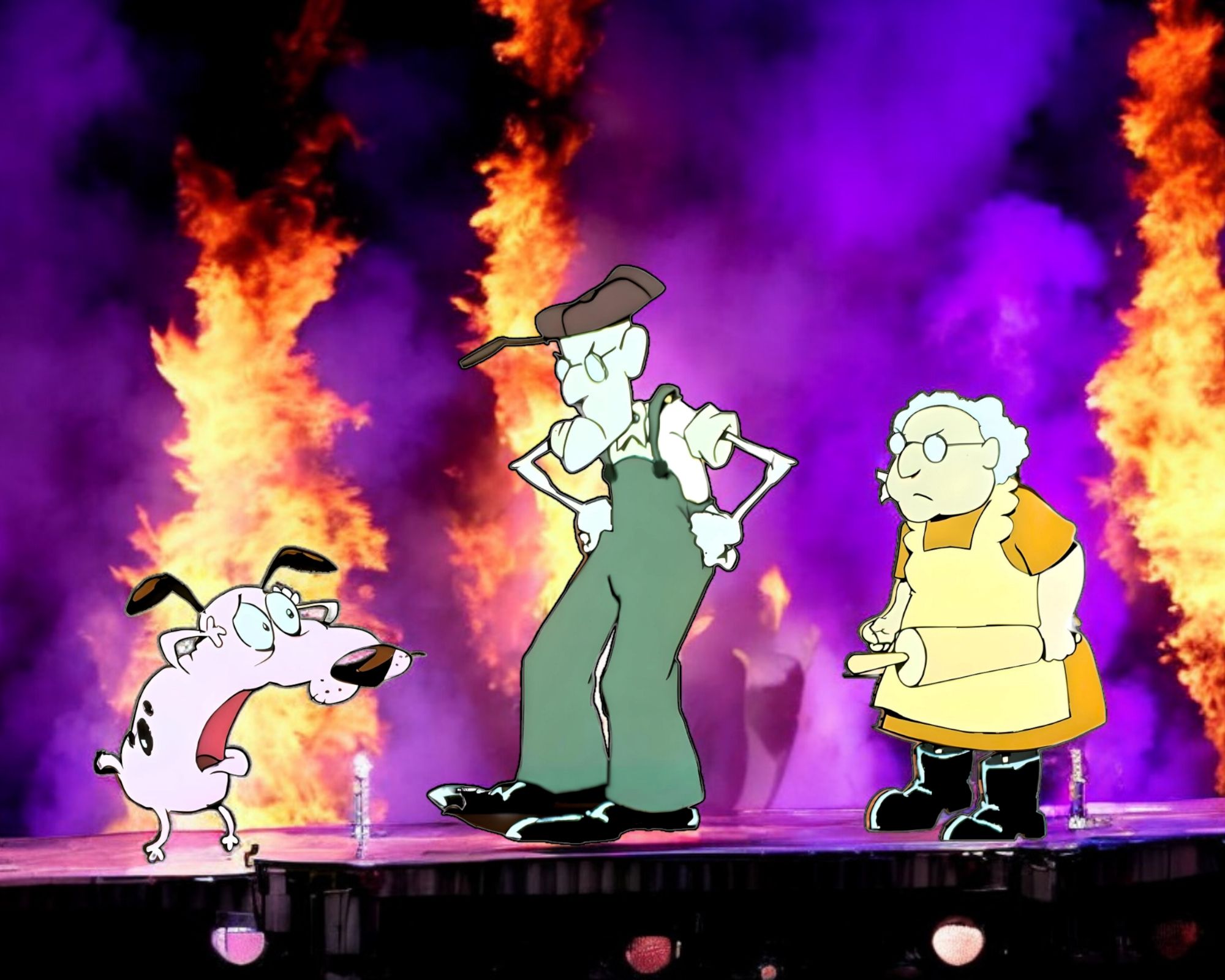 Ren and stimpy, as a cartoon metal rock band, snarling, screaming, wearing leather pants, on a rock and roll stage with fire and silver and...