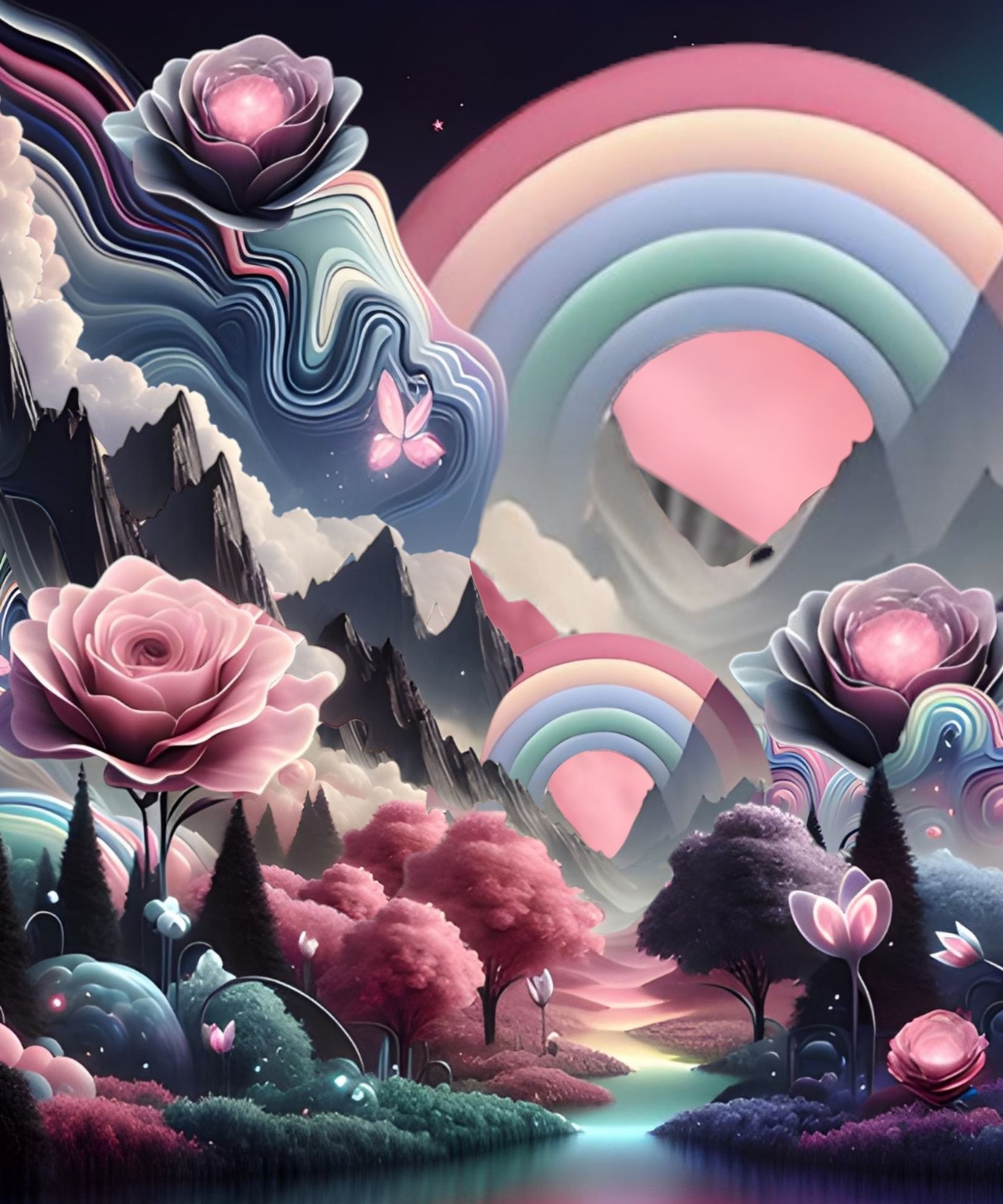 Extreme wide shot of miniature cat angels flying on a mystical sky of rainbows, hearts, lillies, AND ROSES in extremely light pastel shades...