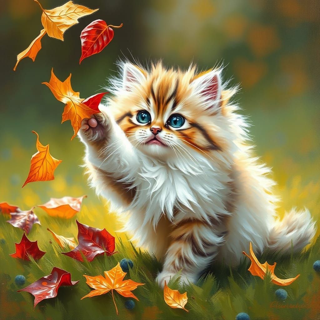 Solid light Blonde adult cat lifting paw, pawing at falling Autumn leaves, sitting in A pile of autumn leaves. Watercolor masterpiece, intri...