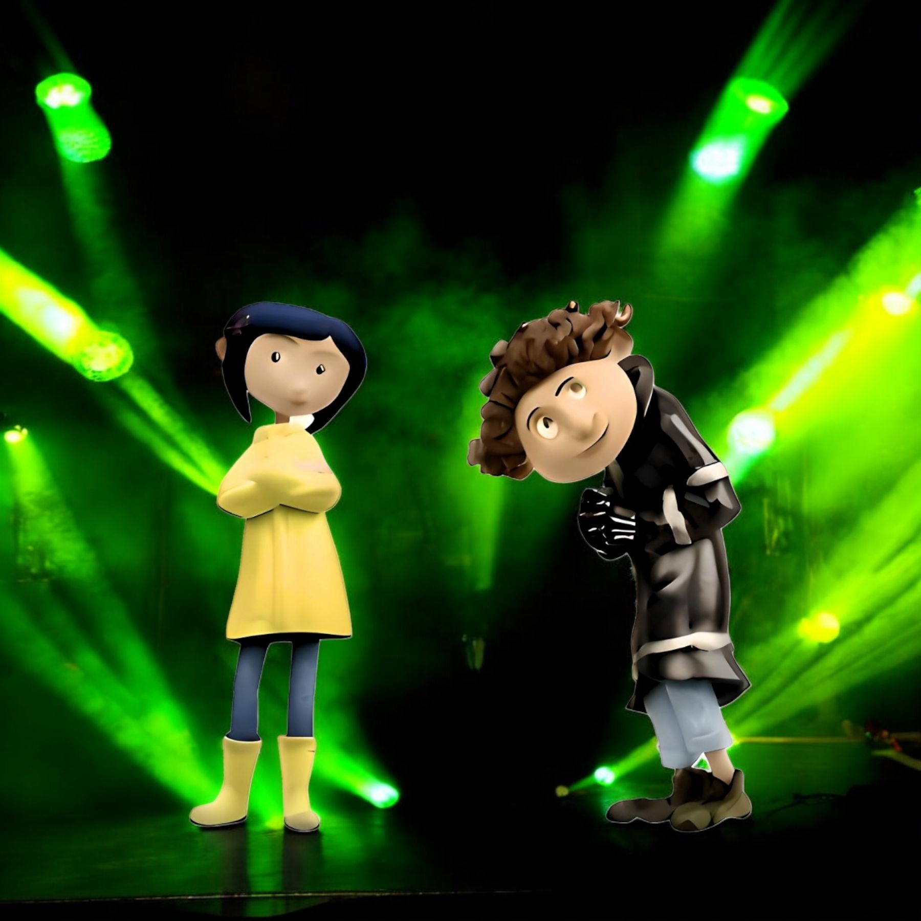 Coraline and wyborn as cartoon metal rock band, playing guitars, screaming, wearing leather pants, on a rock and roll stage with fire and fo...